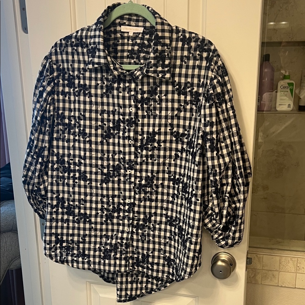 Navy and White Checkered Floral Blouse